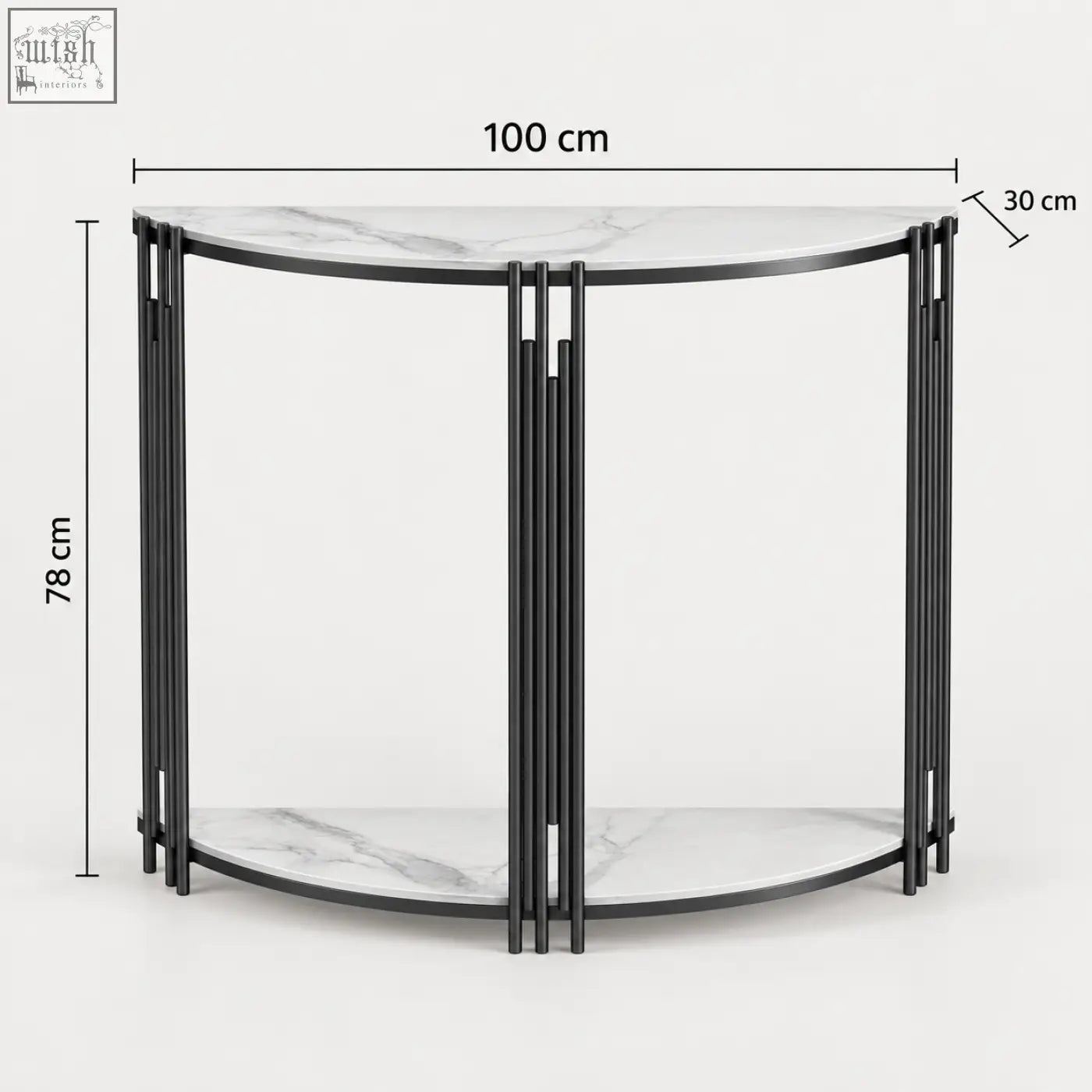 Modern half-moon console table with white marble top and bottom and black metal bars from ancuta collection