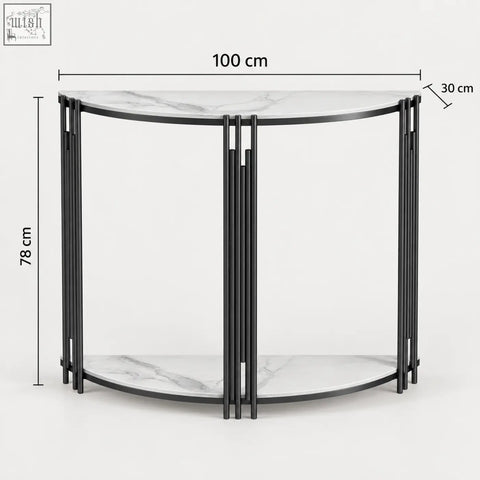 Modern half-moon console table with white marble top and bottom and black metal bars from ancuta collection