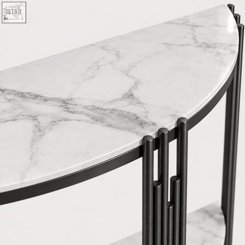 Ancuta 100cm marble-effect console table with white marble top gray veining and sleek black metal legs