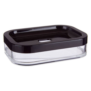 Clear glass rectangular soap dish with a black acrylic lid and handle cutout from Ando Black collection