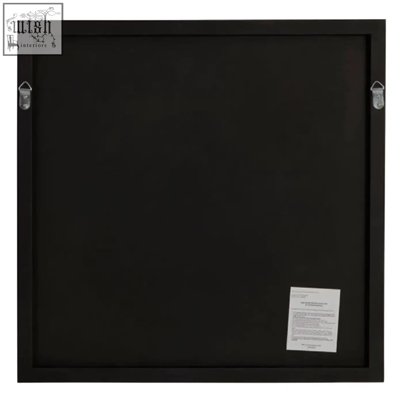 Black framed ando large square gold finish wall mirror with matte finish and silver hanging hardware shown from back side