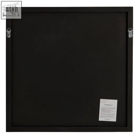 Black framed ando large square gold finish wall mirror with matte finish and silver hanging hardware shown from back side