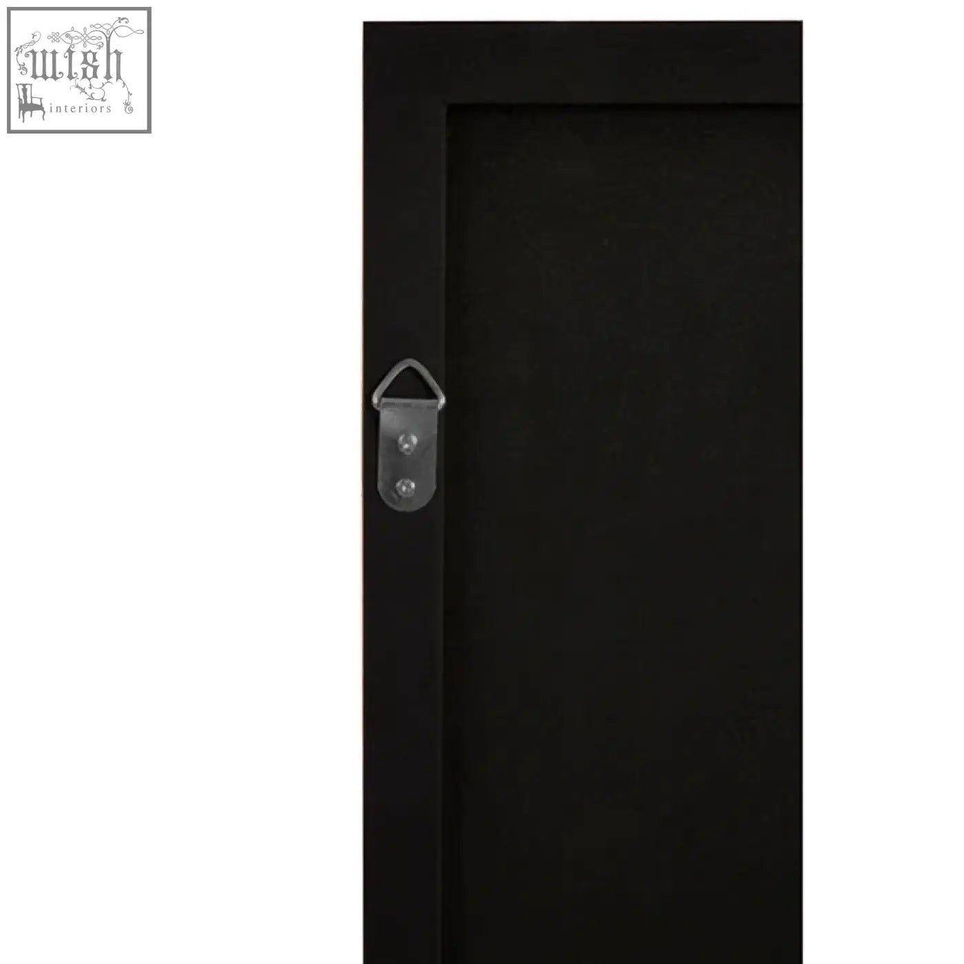 Ando large square gold finish wall mirror showing black frame and silver hanging bracket on the back side