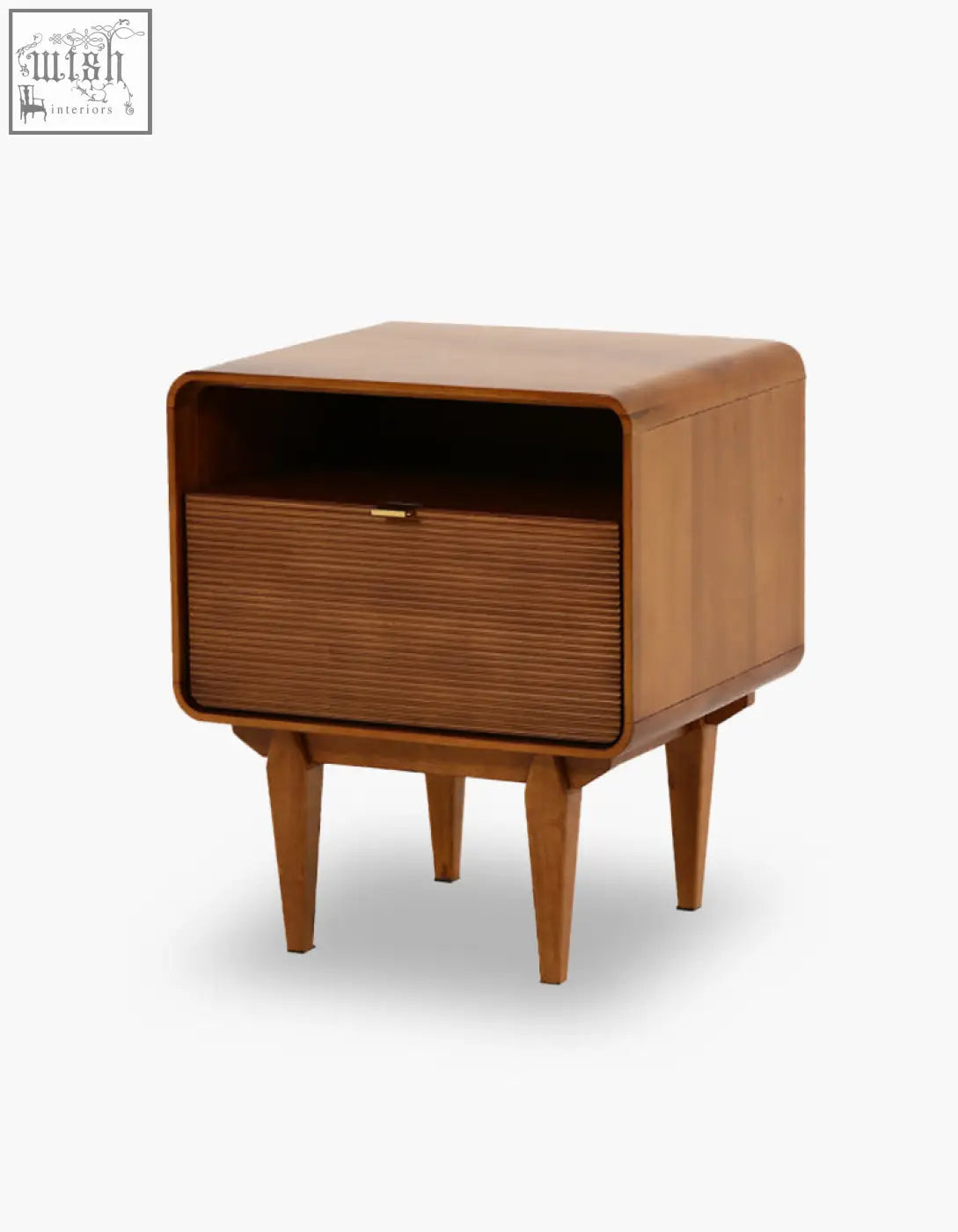 Mid-century modern wooden andre bedside table with single drawer vertical slats and tapered legs in natural wood