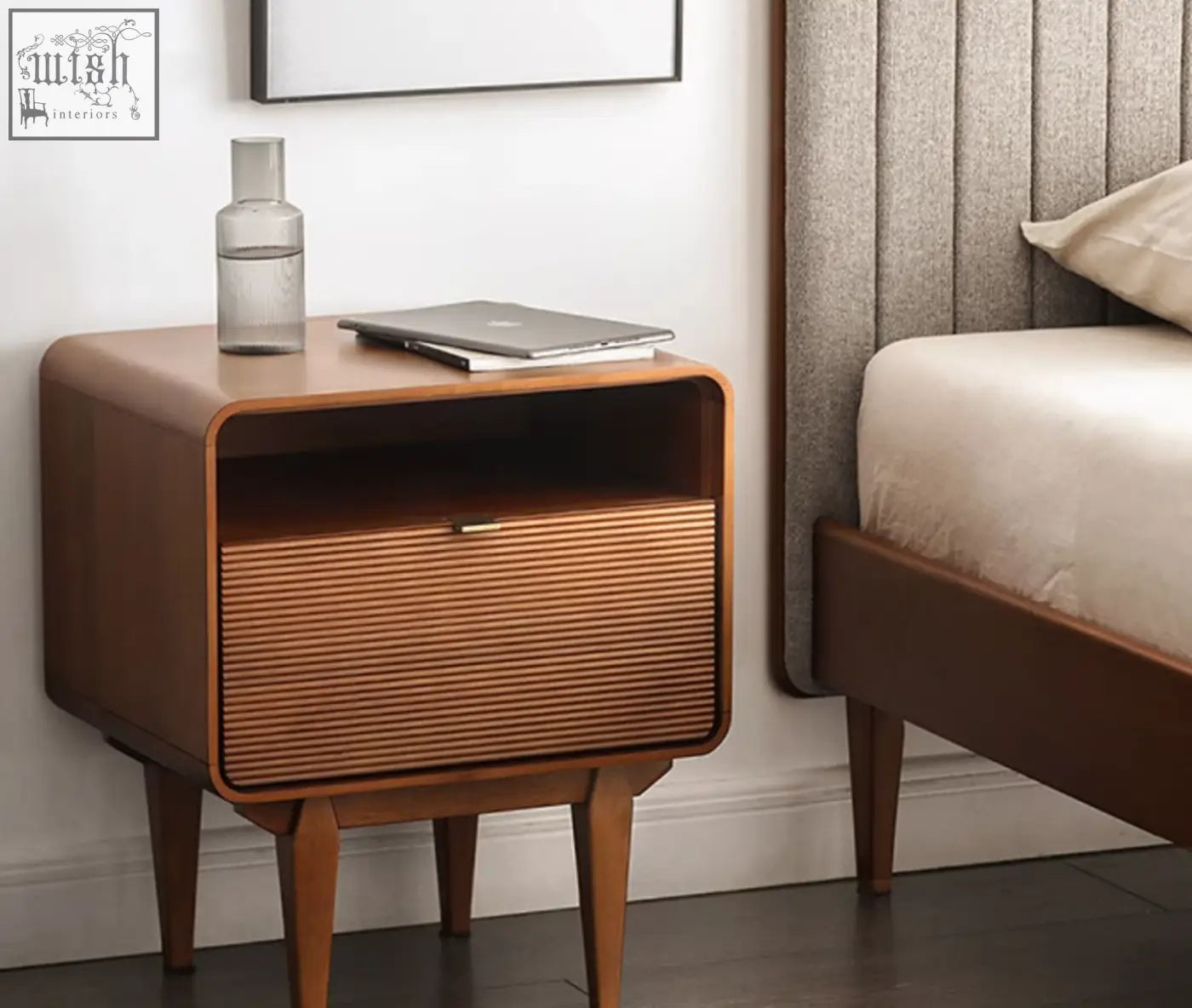 Mid-century modern wooden andre bedside table with slatted drawer and tapered legs for stylish bedside storage