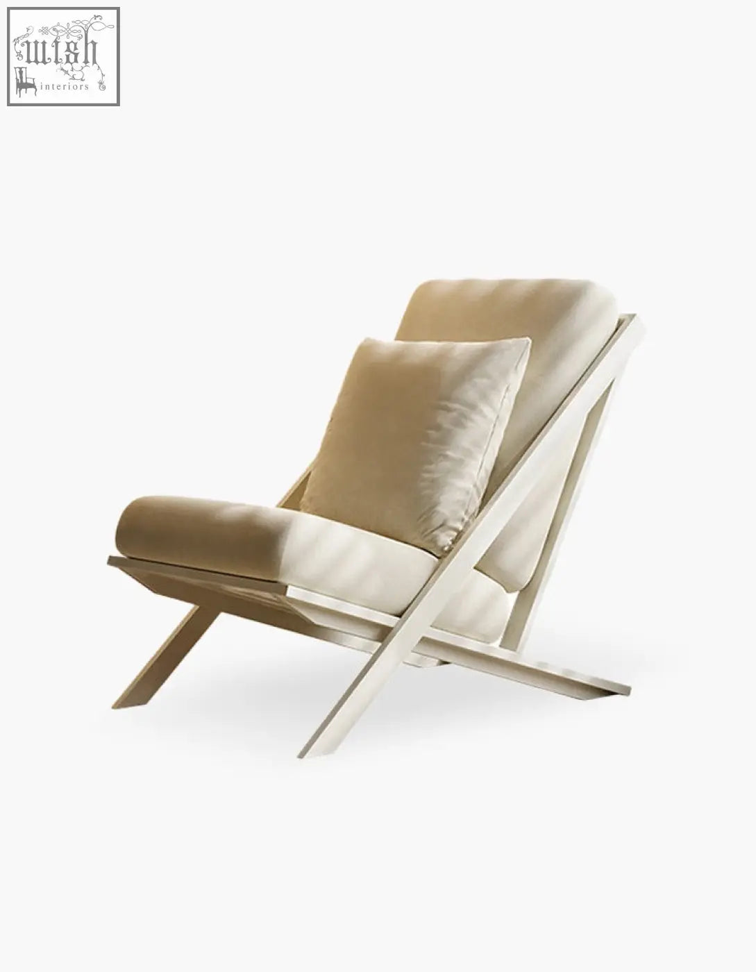 Beige velvet andrea armchair with minimalist wooden frame offering financing and low shipping cost options