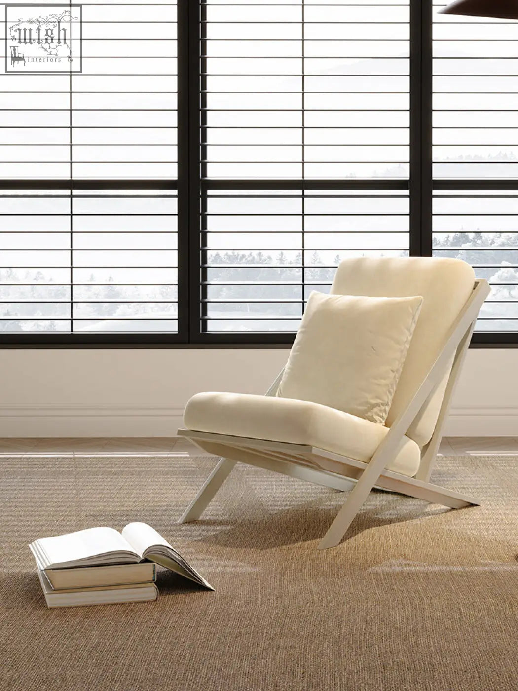 Cream-colored andrea white velvet armchair with minimalist wooden frame offer financing and low shipping cost available