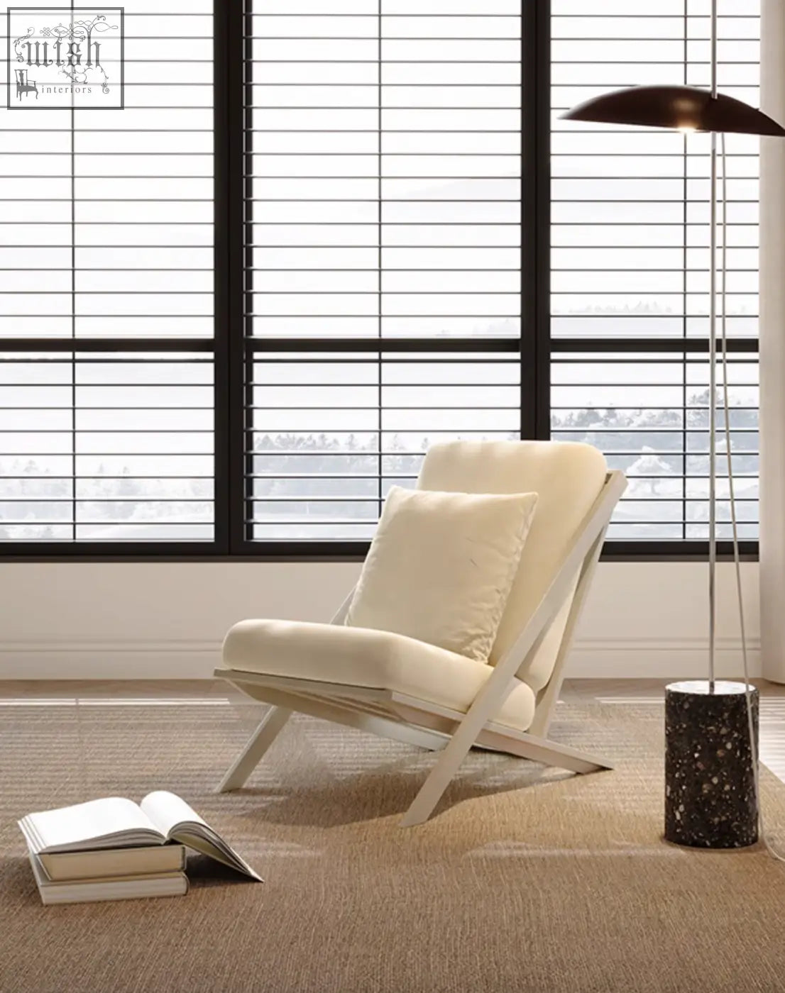 Cream-colored andrea white armchair with velvet upholstery and minimalist wooden frame offer financing and shipping cost info