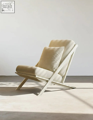 Cream-colored velvet andrea white armchair with minimalist wooden frame offering financing and low shipping cost