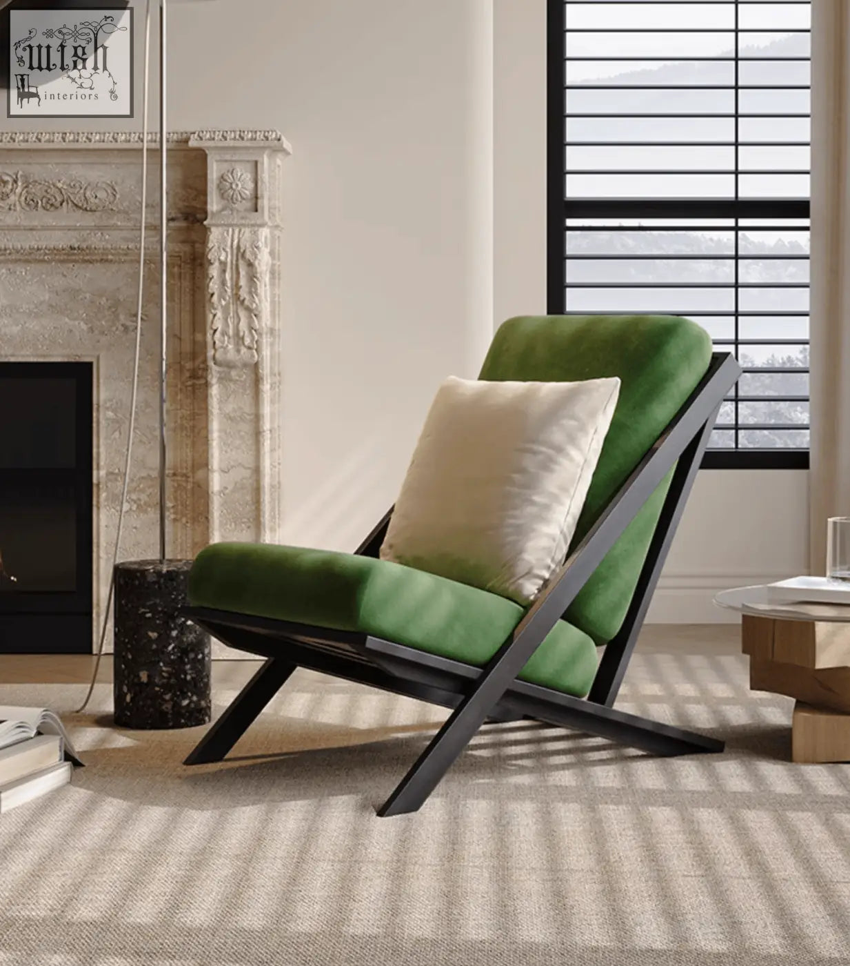 Emerald green velvet andrea armchair with black metal frame and cream cushion available with offer financing and low shipping cost
