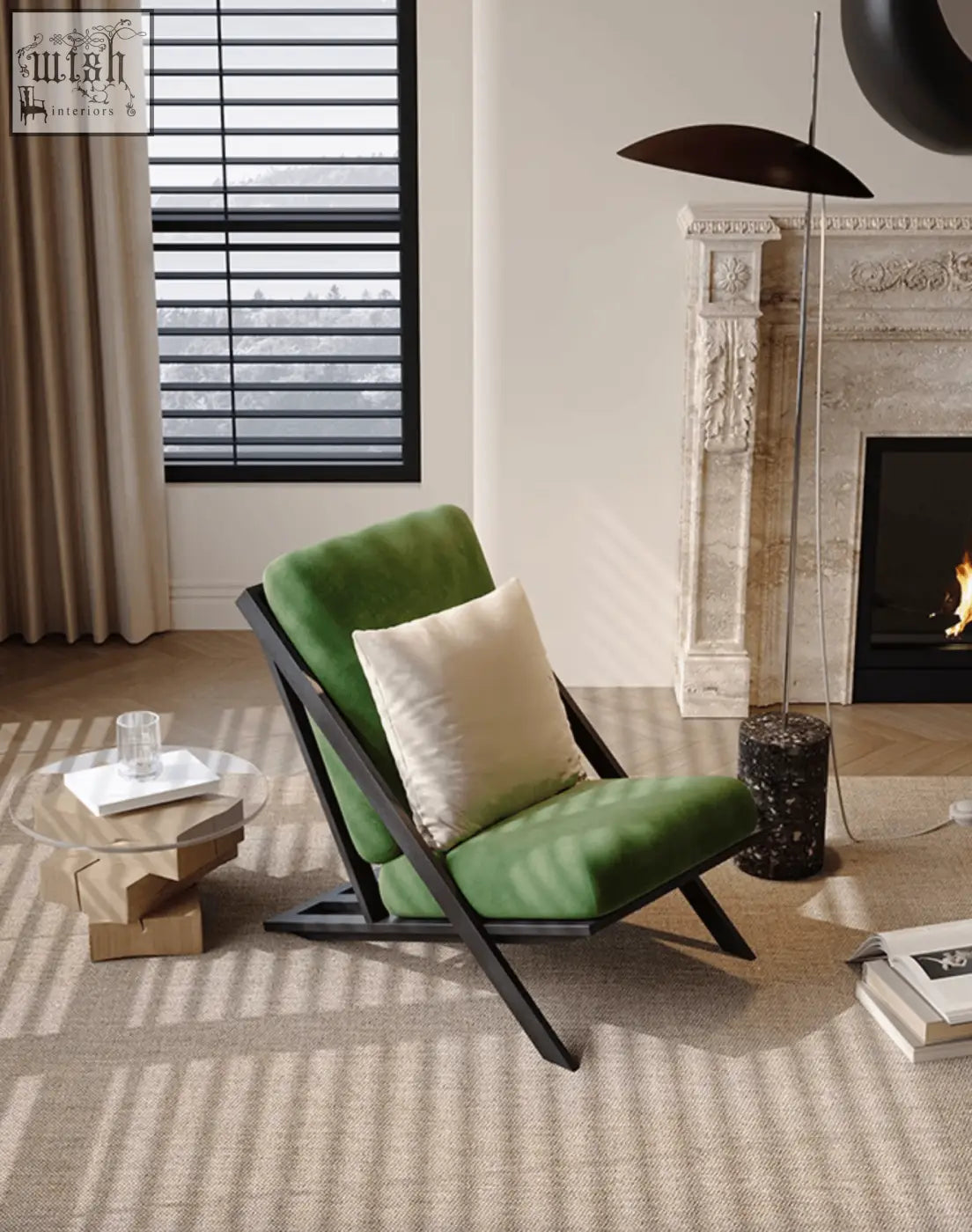 Green velvet andrea armchair with black metal frame offering financing and low shipping cost options