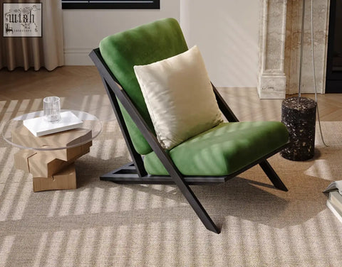 Green velvet andrea armchair with black metal frame and cream cushion available with offer financing and low shipping cost