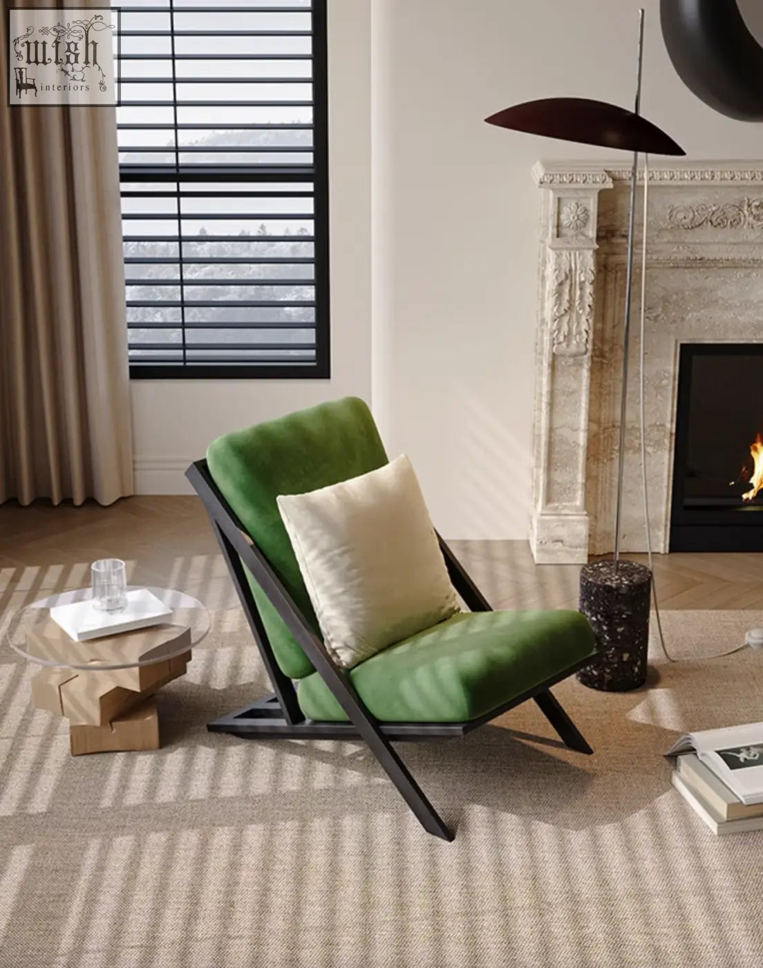Green velvet andrea armchair with cream cushion and black metal frame offer financing and low shipping cost available