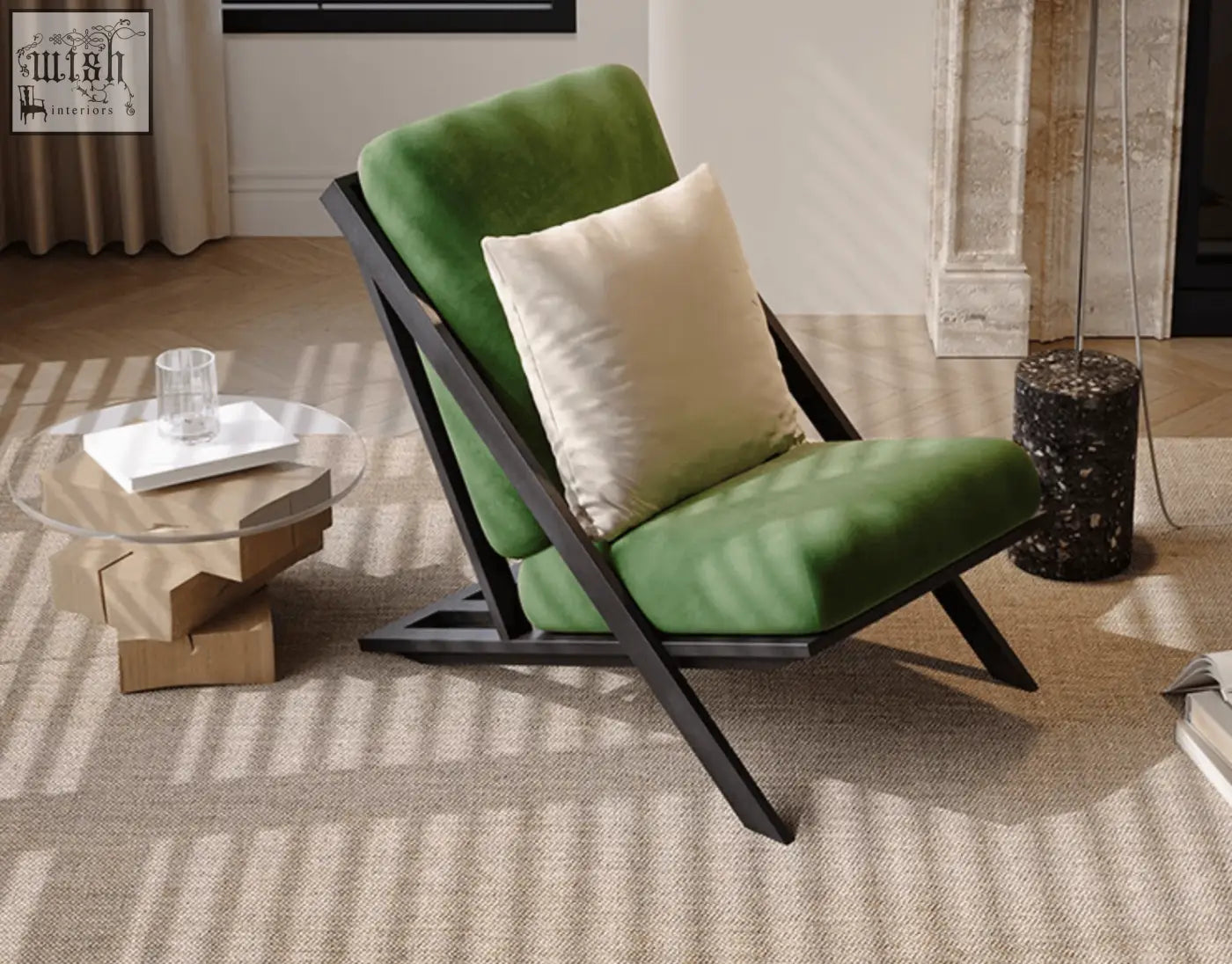 Green velvet andrea armchair with black metal frame and cream cushion offer financing and low shipping cost