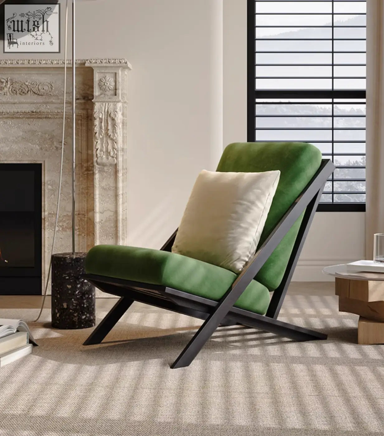 Green velvet andrea armchair with black metal frame and cream cushion offering financing and low shipping cost