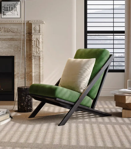 Green velvet andrea armchair with black metal frame and cream cushion offering financing and low shipping cost