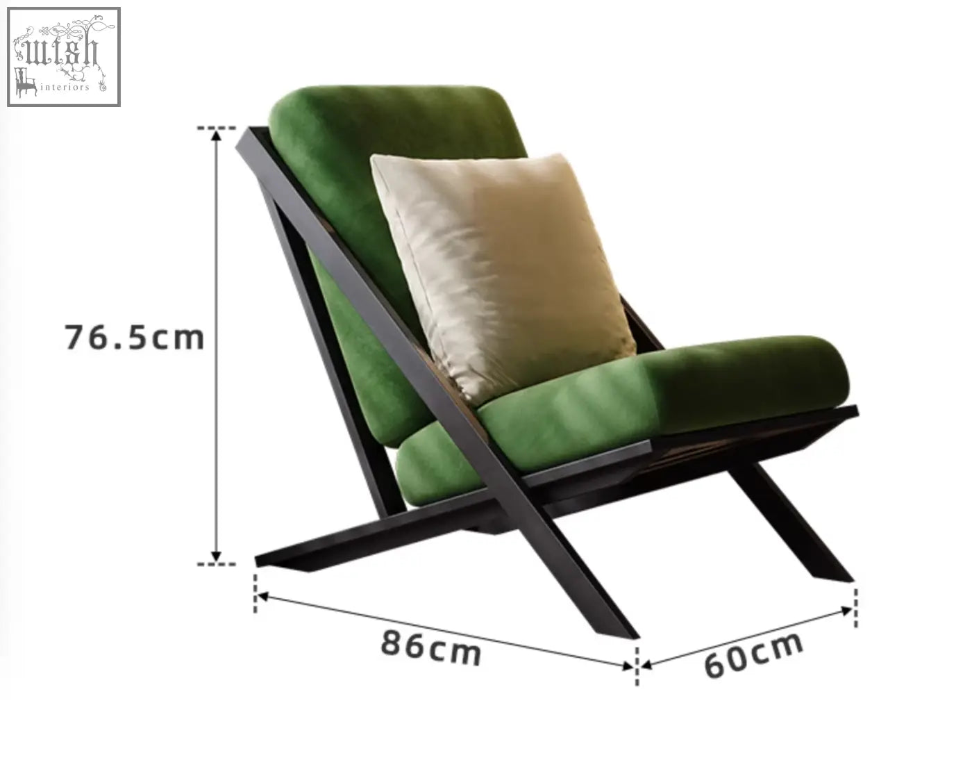 Green velvet andrea armchair with black wooden frame and beige cushion offer financing and low shipping cost