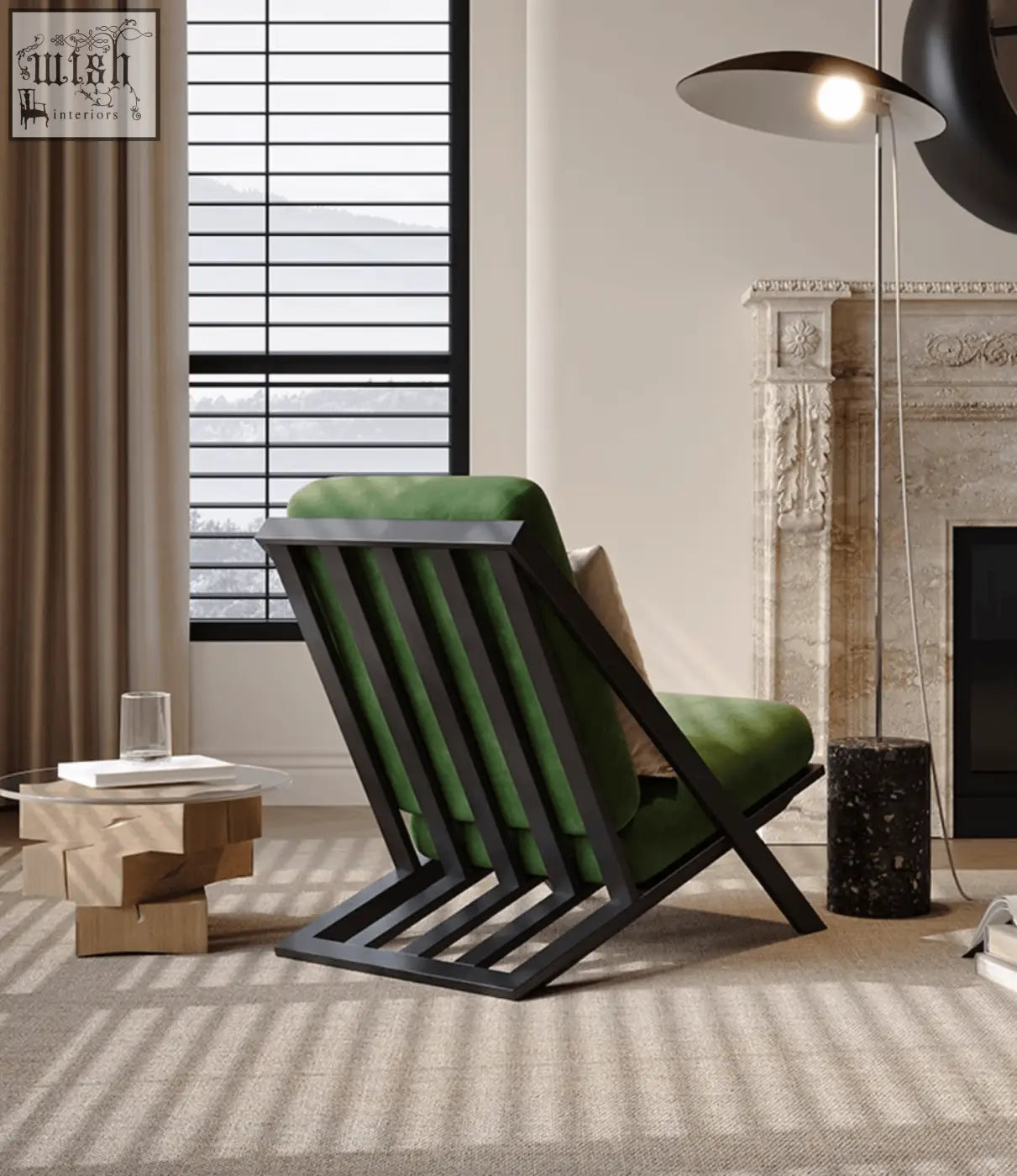 Green velvet andrea armchair with black metal frame and angled slats offer financing and low shipping cost available