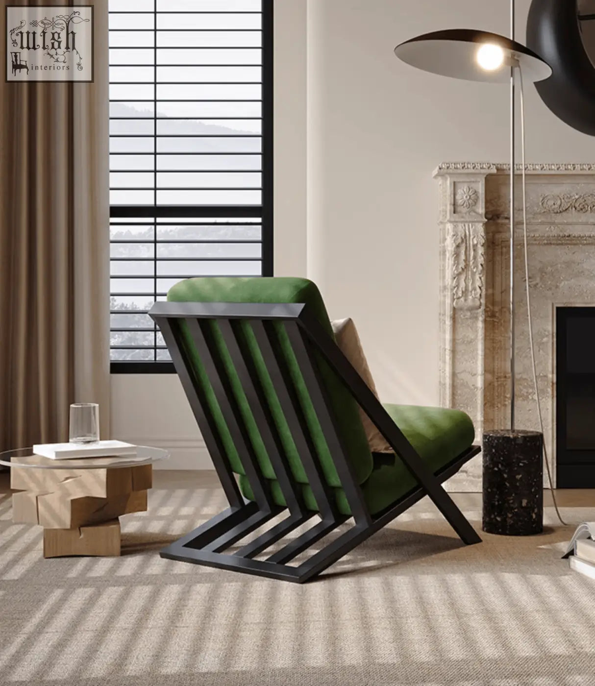 Green velvet andrea armchair with black metal frame offers stylish comfort with easy shipping cost and offer financing options
