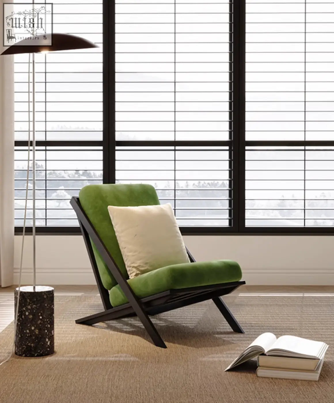 A modern andrea armchair velvet in green velvet with a black wooden frame and cream cushion with offer financing and shipping cost info