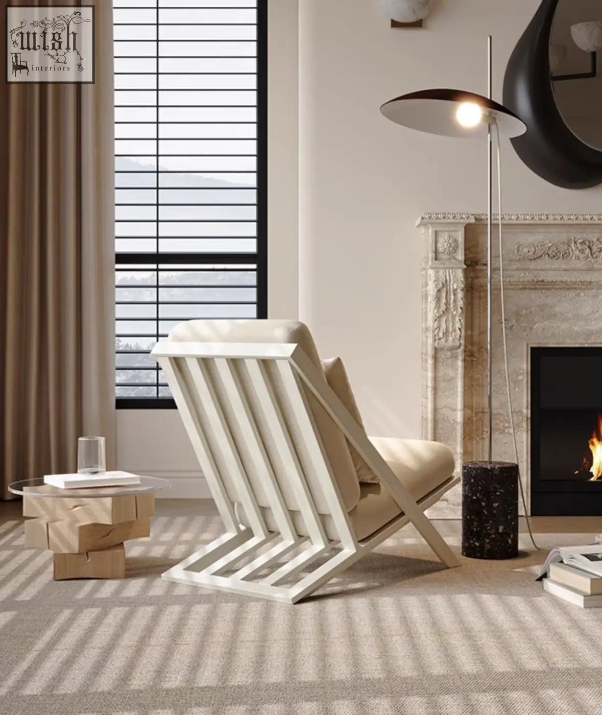 Modern andrea white velvet armchair with white slats and beige cushions offering financing and low shipping cost
