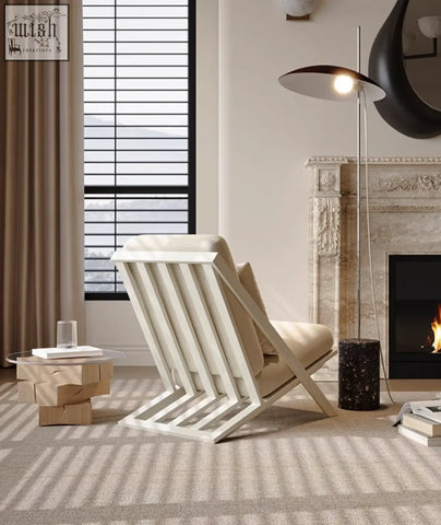 Modern andrea white velvet armchair with white slats and beige cushions offering financing and low shipping cost