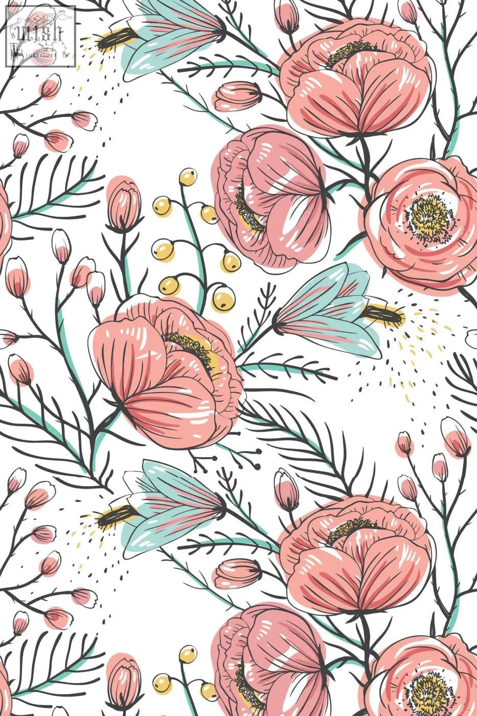 Pink poppy flowers with teal accents and golden centers on traditional paper peel and stick wallpaper for living space by contact clickwalls
