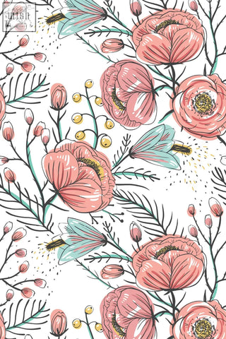 Pink poppy flowers with teal accents and golden centers on traditional paper peel and stick wallpaper for living space by contact clickwalls