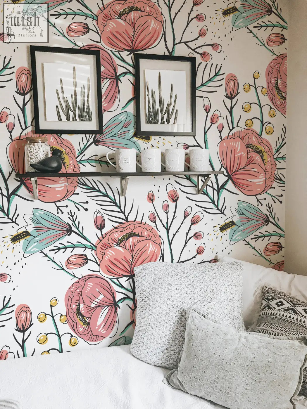 Anemone fall peel and stick wallpaper with pink and teal floral design on cream background perfect for living space with contact clickwalls traditional paper style