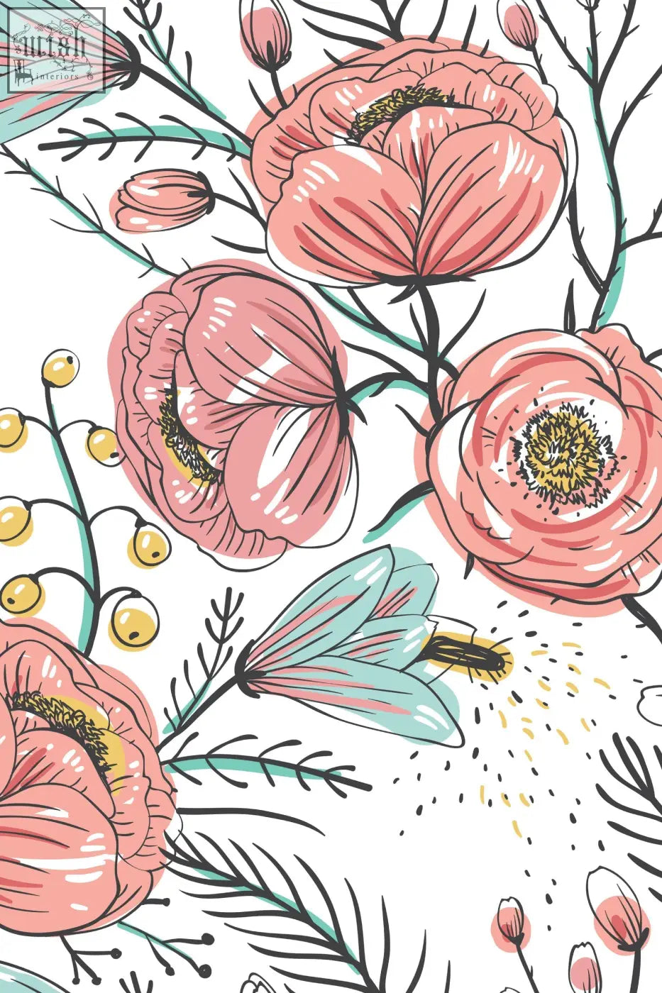 Pink poppy flowers with yellow centers on teal accents traditional paper peel and stick wallpaper for living space by contact clickwalls