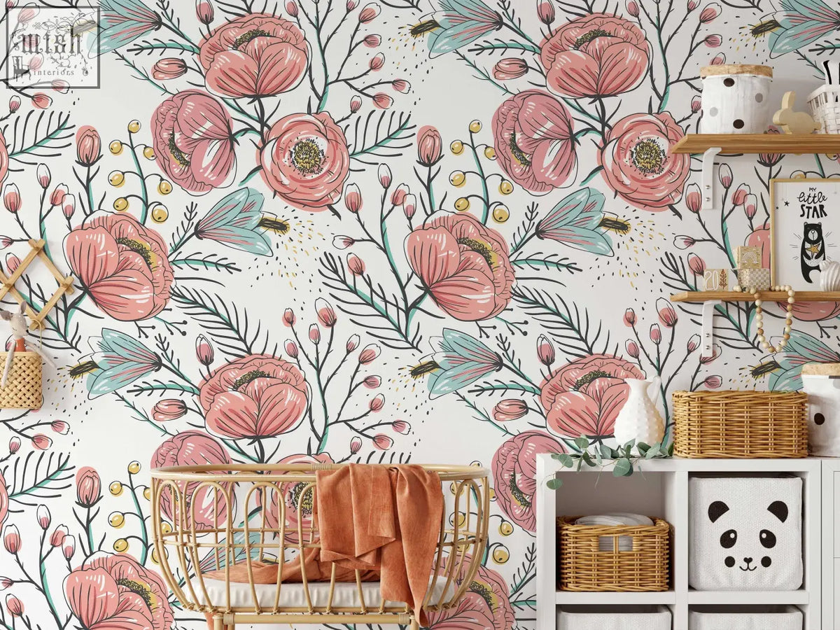 Wicker crib with rust-colored blanket beside pink poppy floral wall mural from anemone fall peel and stick wallpaper by contact clickwalls