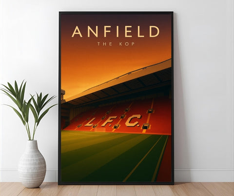 Framed stadium wall art of anfield the kop in vibrant orange and green with gold lfc lettering for liverpool fans