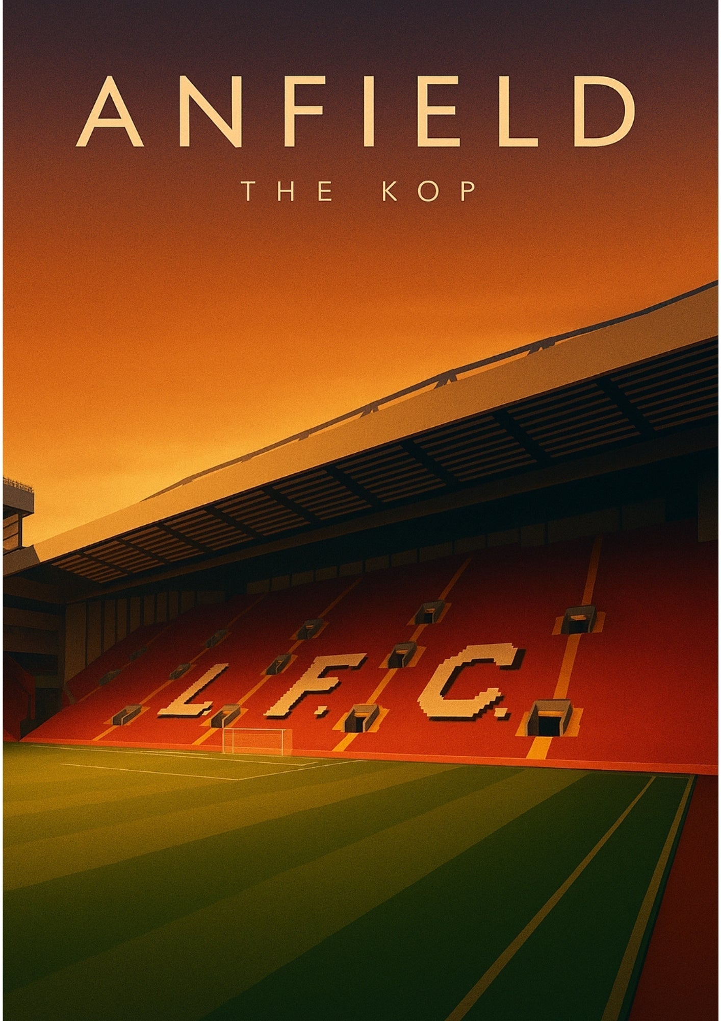 A stylized stadium wall art of anfield the kop stand with bold red seats and lfc lettering against an orange sunset sky
