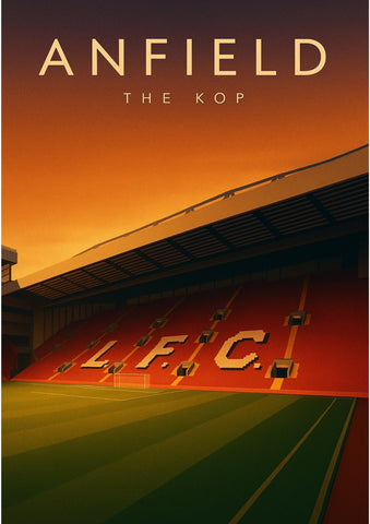 A stylized stadium wall art of anfield the kop stand with bold red seats and lfc lettering against an orange sunset sky