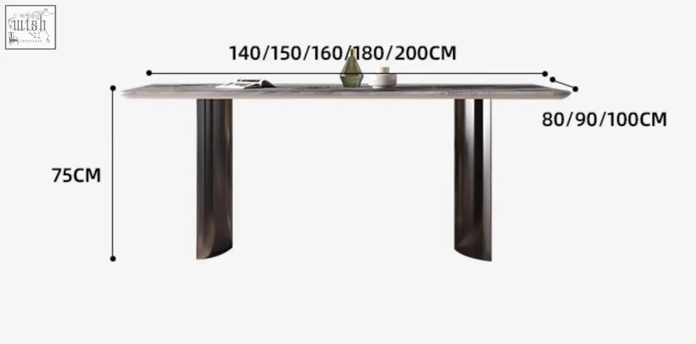 Angela marble dining table with sleek dark gray stone top and curved black metal legs for luxury dining
