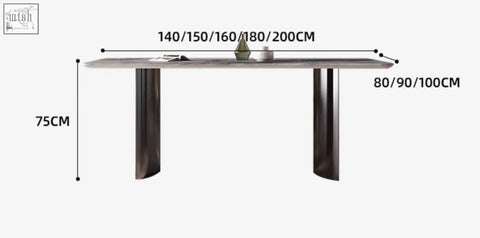 Angela marble dining table with sleek dark gray stone top and curved black metal legs for luxury dining