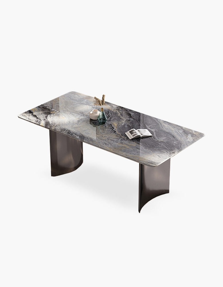 Modern angela dining table with gray marble top and dark curved legs perfect for luxury dining and low shipping cost