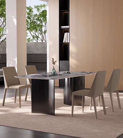 Modern rectangular dining table angela with gray marble top and sleek black legs perfect for luxury dining and low shipping cost