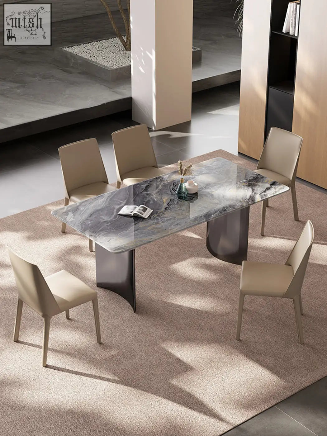 Modern rectangular angela marble dining table with polished gray marble top and sleek dark metallic legs for luxury dining