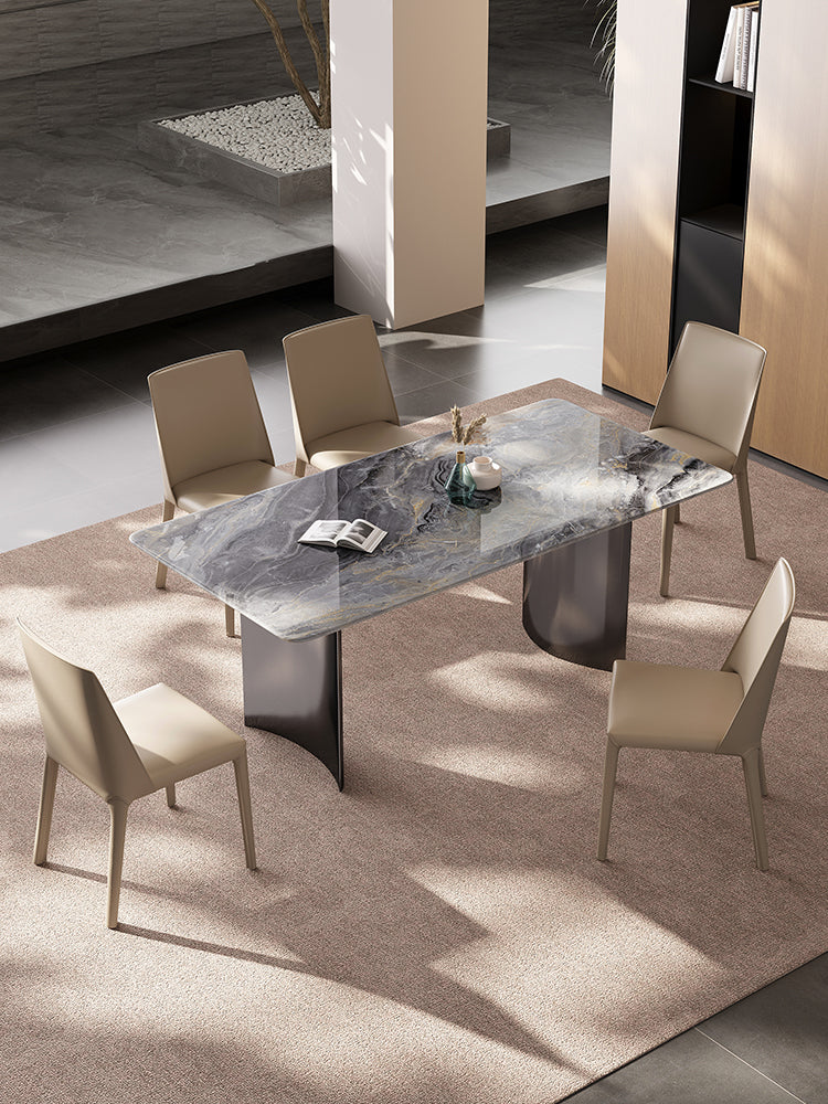 Modern rectangular dining table angela dining table marble with polished gray marble top and dark metallic legs for luxury dining