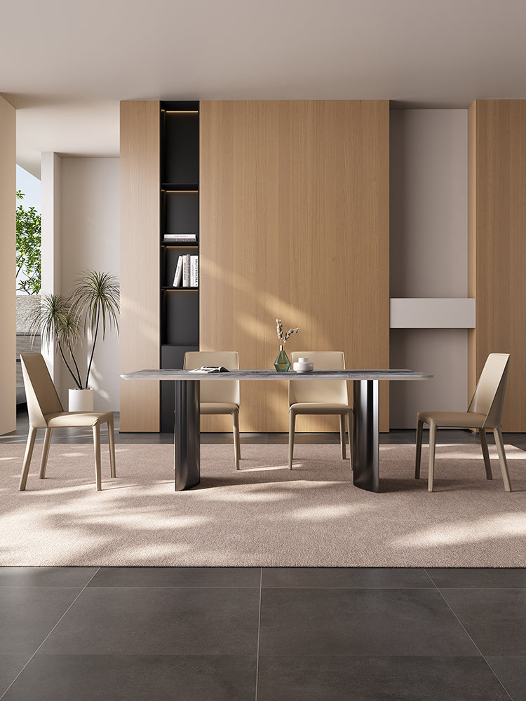 Modern rectangular angela dining table with sleek gray marble top and black metal legs perfect for luxury dining and low shipping cost