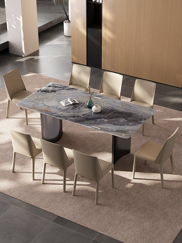 Modern rectangular angela dining table with sleek gray marble top and black pedestal legs perfect for luxury dining and low shipping cost