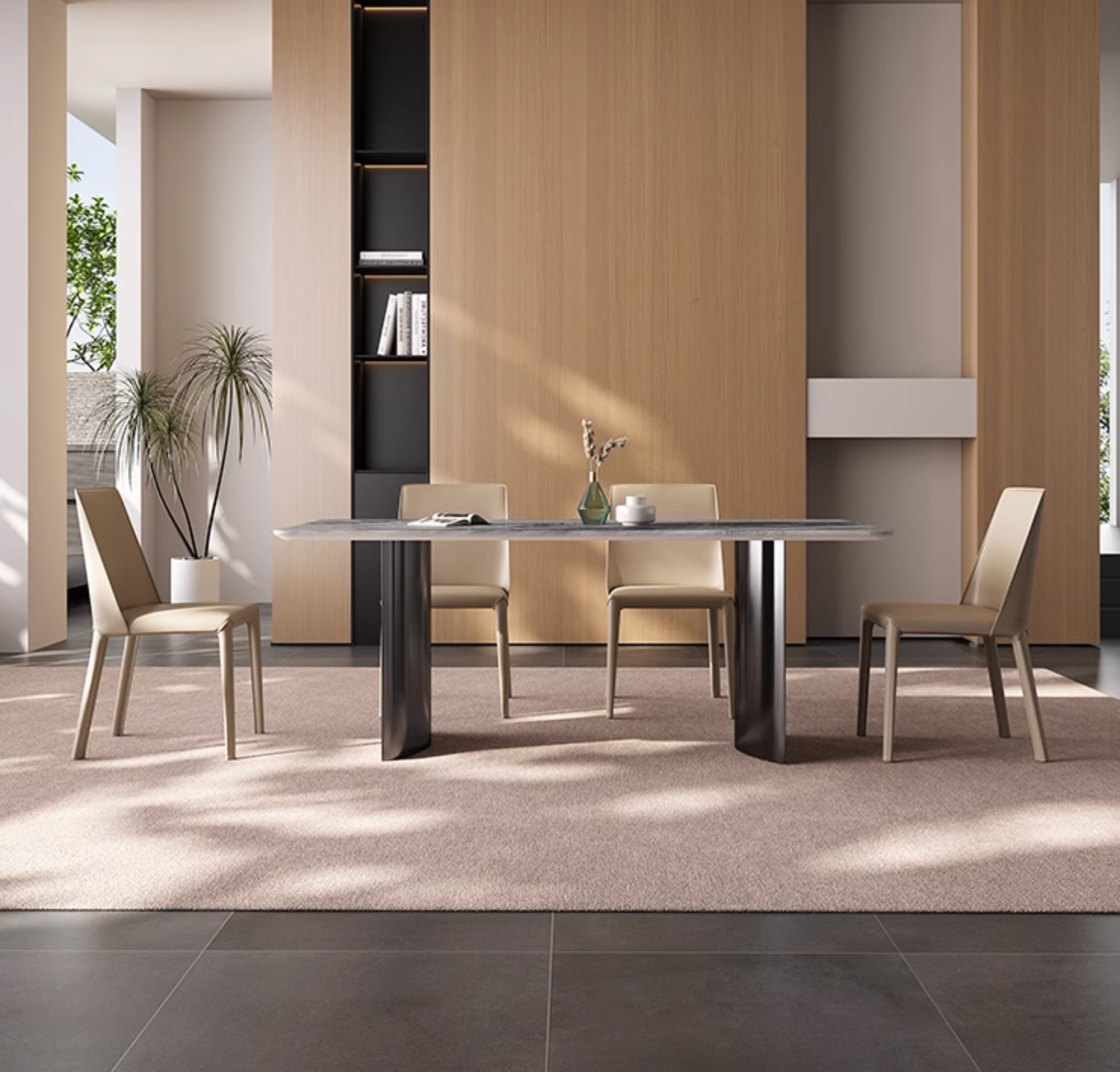 Modern angela dining table with gray marble top and dark metal legs perfect for luxury dining and offer financing