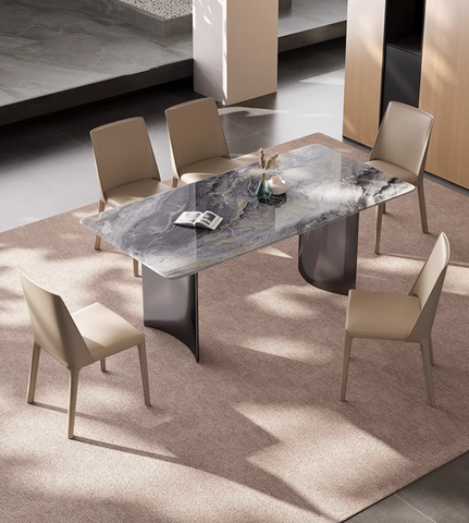 Modern rectangular luxury dining table with gray marble top and dark metal legs perfect for upscale dining spaces and shipping cost savings