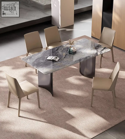 Modern angela marble dining table with sleek gray marble top and dark metallic legs perfect for luxury dining
