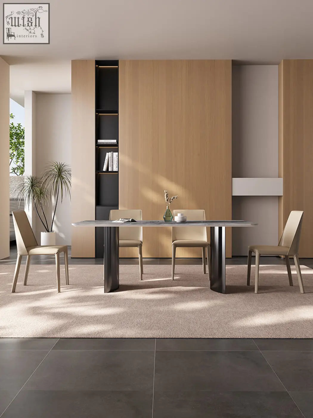 Modern angela marble dining table with sleek gray stone top and sturdy black metal legs for luxury dining