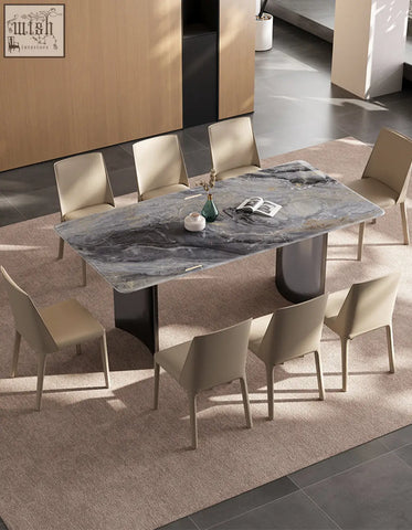 Modern rectangular angela marble dining table with sleek gray marble top and dark metallic legs for luxury dining
