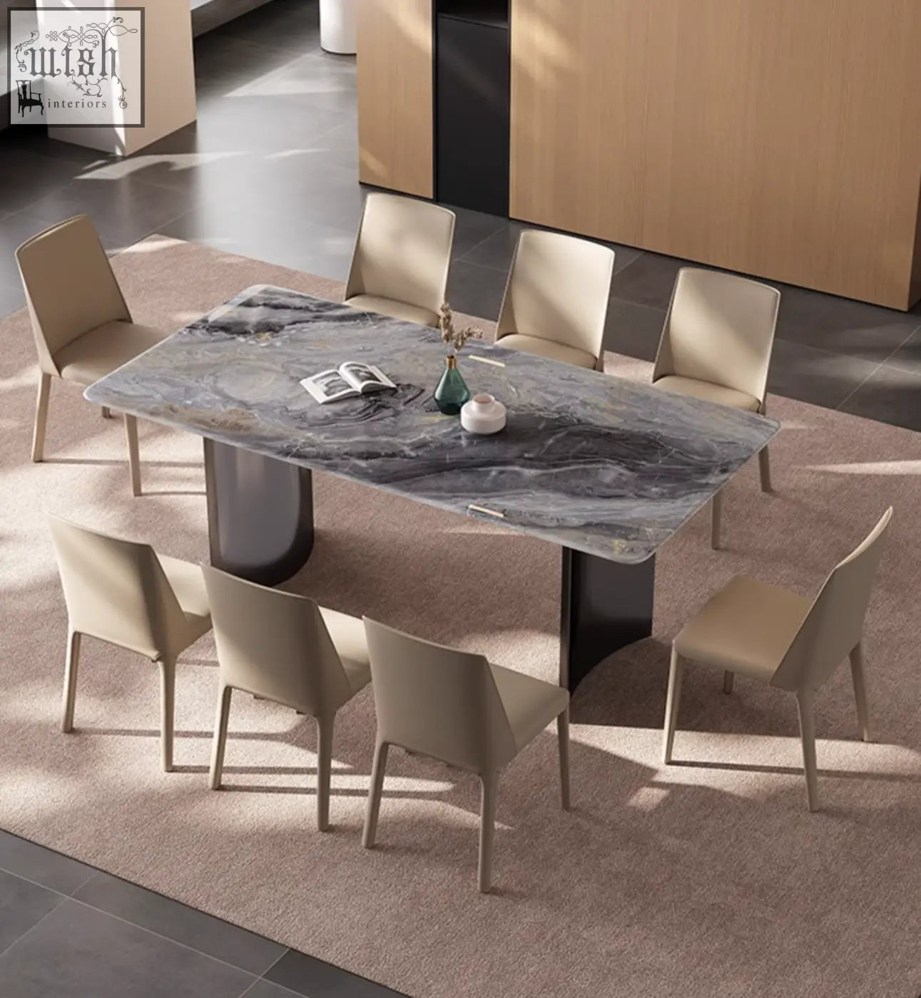 Modern rectangular angela marble dining table with sleek gray marble top and dark metal legs for luxury dining