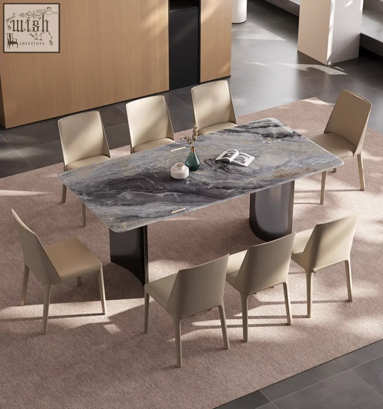 Modern angela marble dining table with sleek gray marble top and minimalist black pedestal base for luxury dining