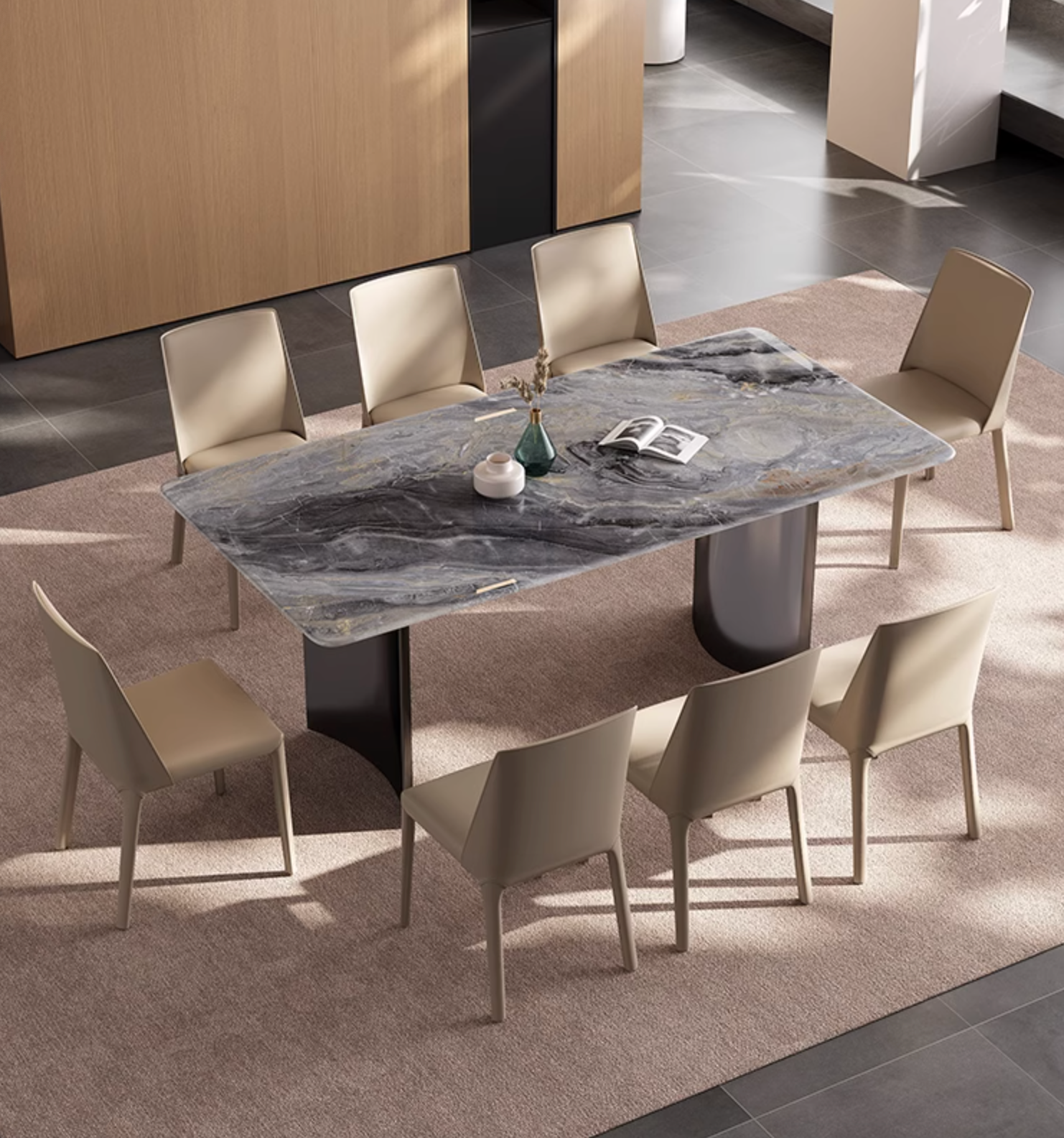 Modern angela dining table with sleek gray marble top and black pedestal base perfect for luxury dining and offer financing